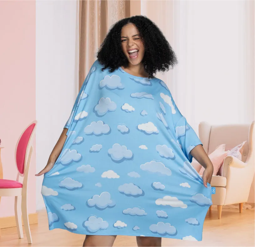 Woman holding out the sides of a blue cloud print sleep tee