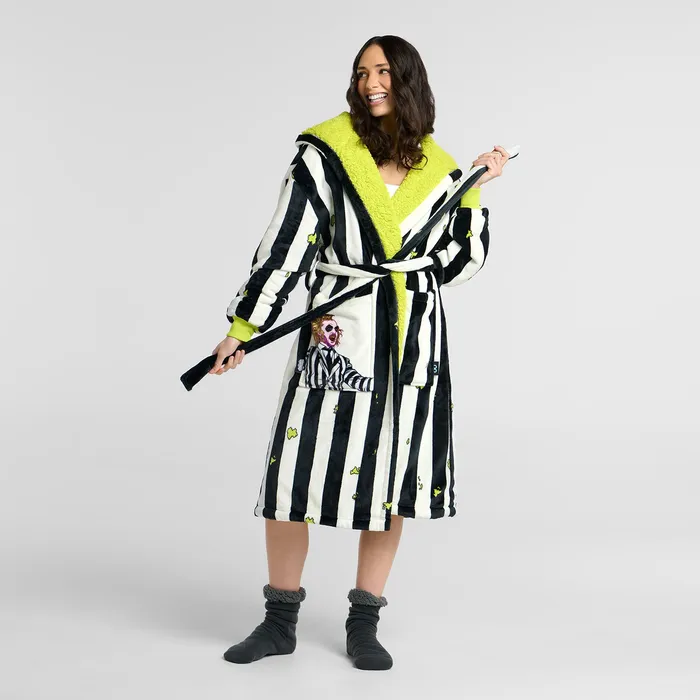 Beetlejuice Stripe Sherpa Dressing Gown, black and white stripes with a green lining