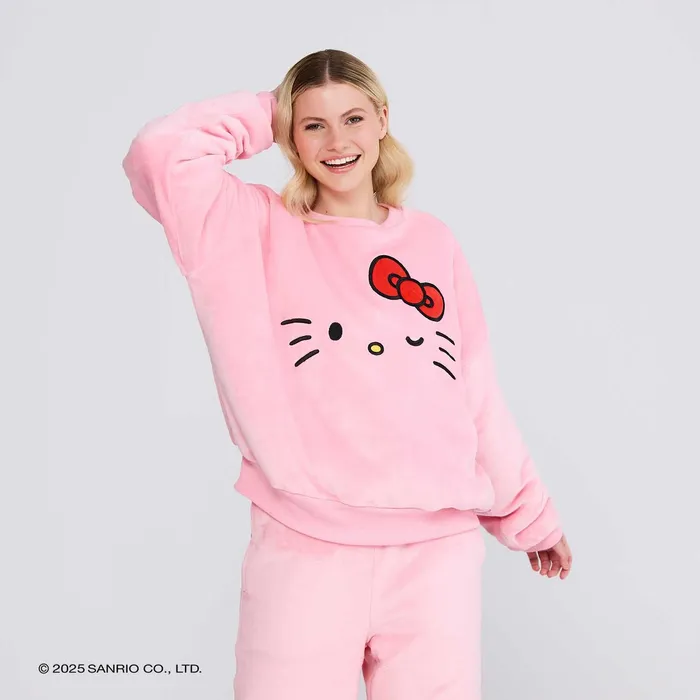 Hello Kitty Sherpa Jumper in pink with an embroidered Hello Kitty face